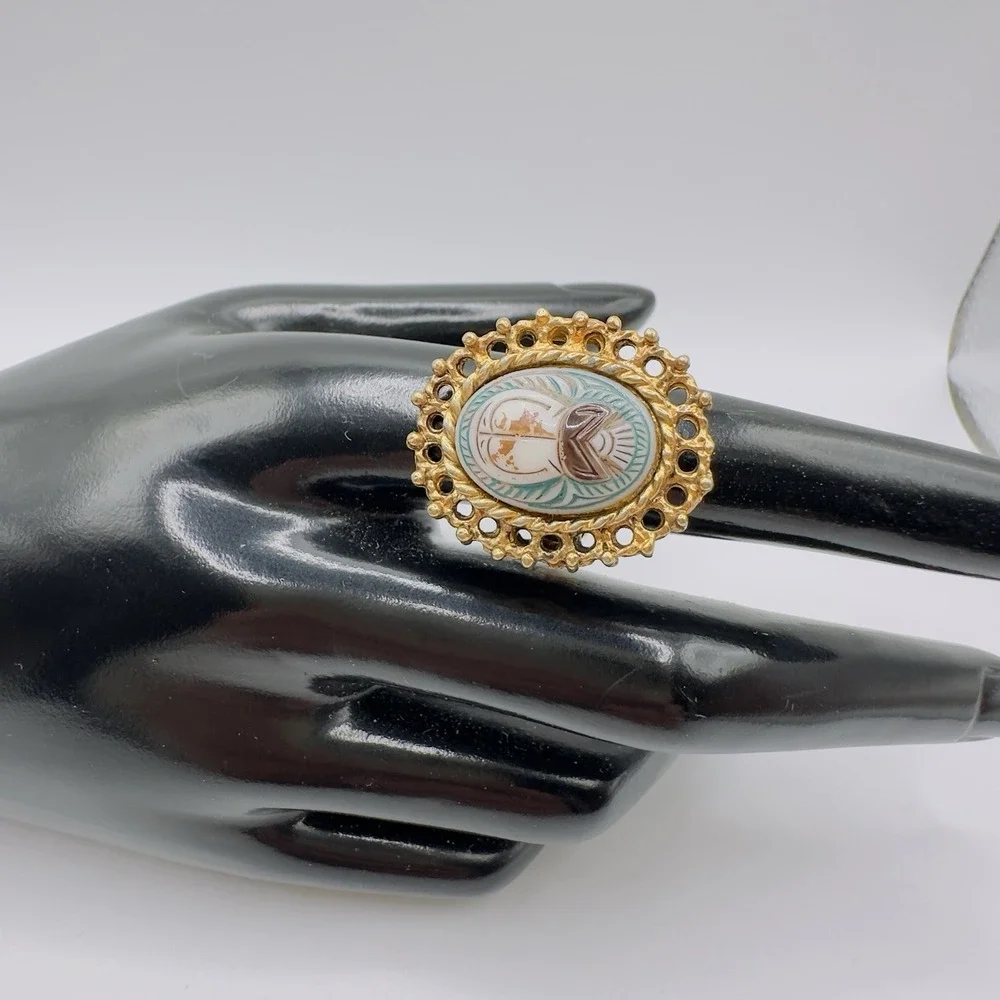 Vintage Egyptian Revival Scarab Ring Gold Tone Adjustable Size 7